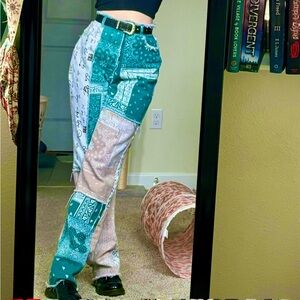 SHEIN Patchwork Teal and White Straight Leg Pants